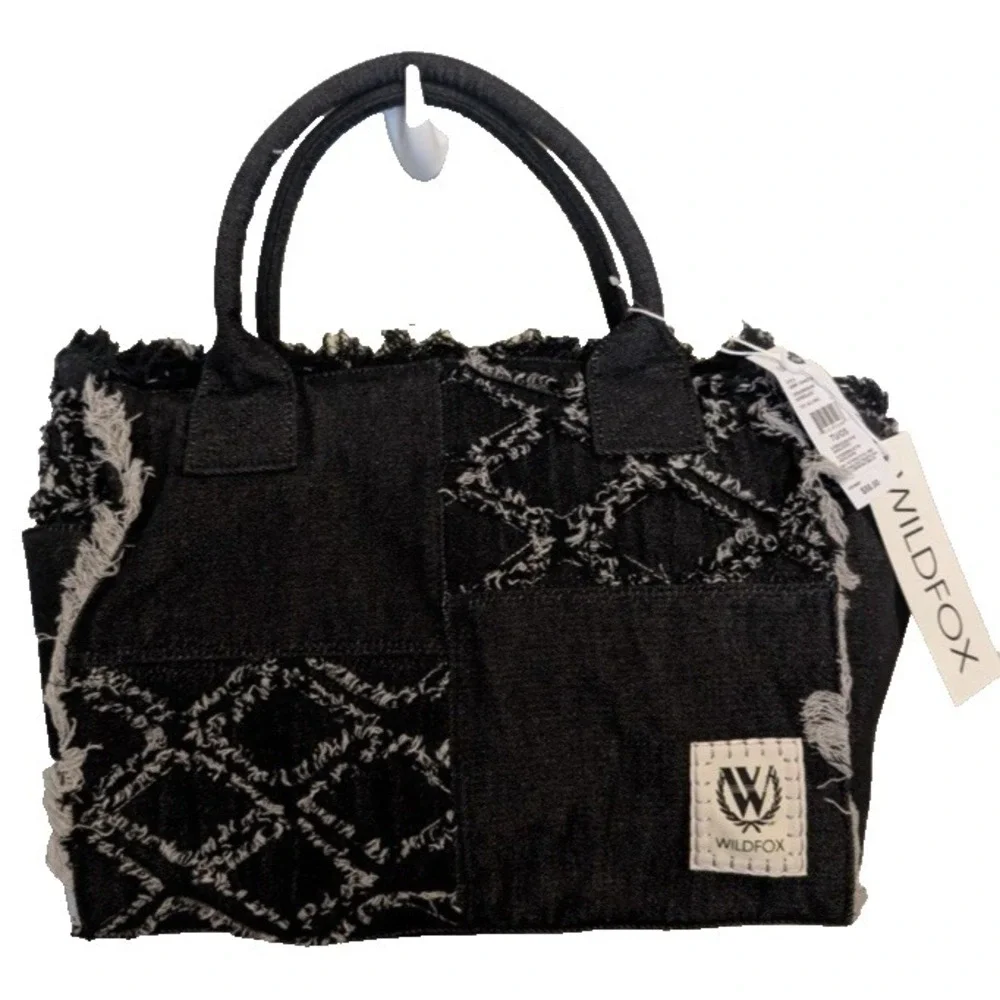 NWT Wildfox Black Frayed Denim Tote Bag Distressed Patchwork‎ Crossbody Large